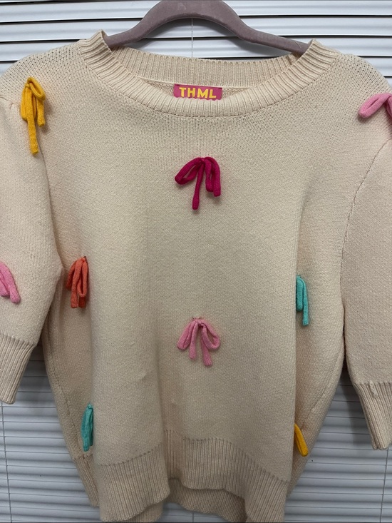 THML Sweaters - THML Cream Knit Crewneck Sweater with Colorful Bow Accents